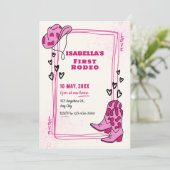 Roze & Wit Eerste Rodeo Meisje Verjaardag Uitnodig Feestdagenkaart (Staand voorkant)