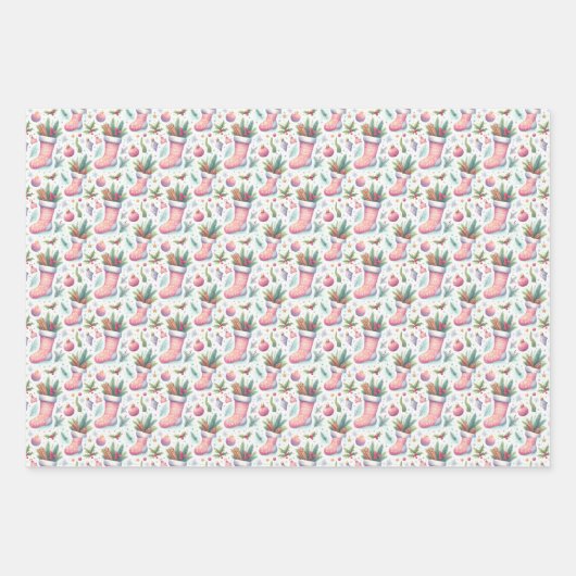 Roze Wit en Blauw Kerstmis Kousen Inpakpapier Vel (Voorkant 3)