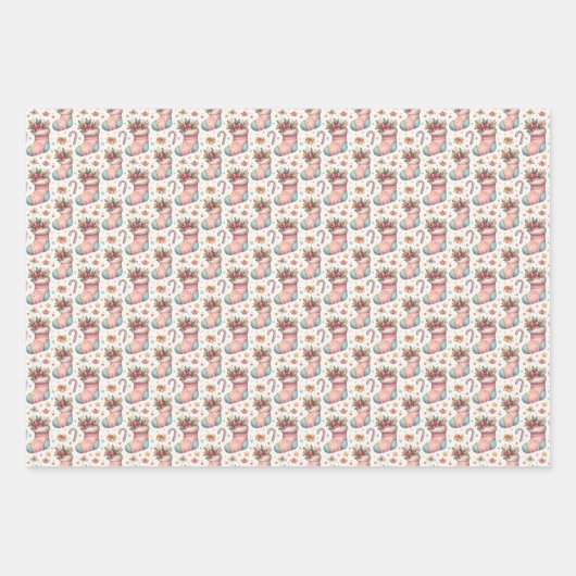 Roze Wit en Blauw Kerstmis Kousen Inpakpapier Vel (Voorkant)