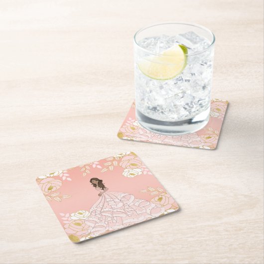 Roze Wit en Goud Botancial Quinceanera Kartonnen Onderzetters (Insitu)