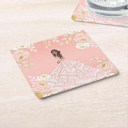 Roze Wit en Goud Botancial Quinceanera Kartonnen Onderzetters (Schuin)