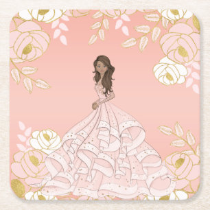 Roze Wit en Goud Botancial Quinceanera Kartonnen Onderzetters