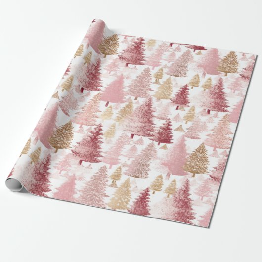 Roze Wit en Gouden Borstel Kerstboom Patroon Cadeaupapier (Uitgerold)