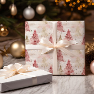 Roze Wit en Gouden Borstel Kerstboom Patroon Cadeaupapier