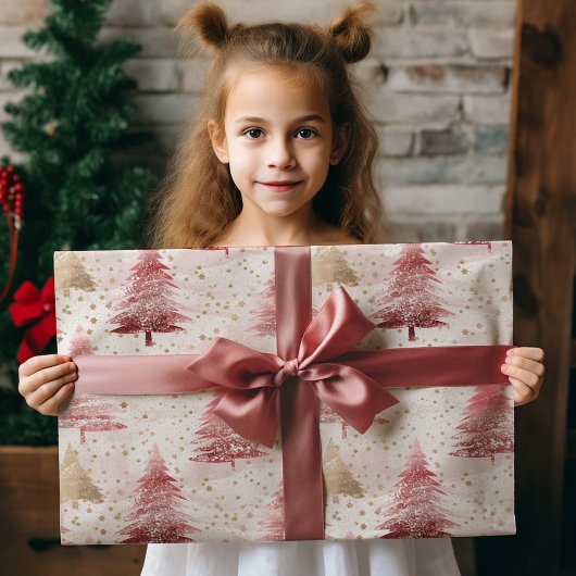 Roze Wit en Gouden Borstel Kerstboom Patroon Cadeaupapier