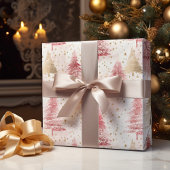 Roze Wit en Gouden Borstel Kerstboom Patroon Cadeaupapier