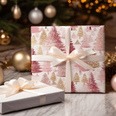 Roze Wit en Gouden Borstel Kerstboom Patroon Cadeaupapier