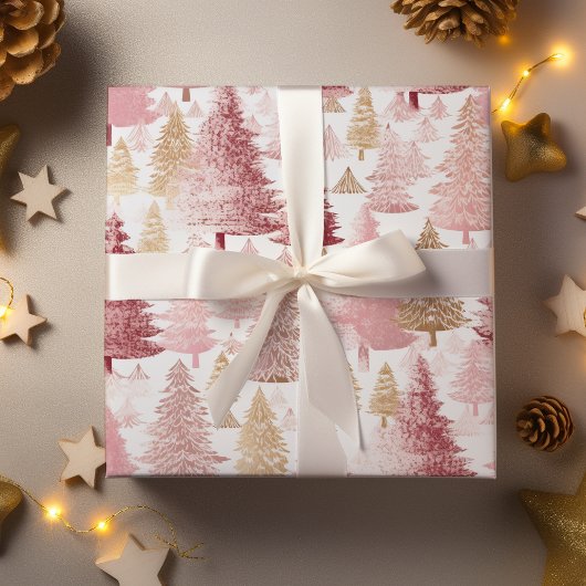 Roze Wit en Gouden Borstel Kerstboom Patroon Cadeaupapier