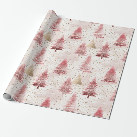 Roze Wit en Gouden Borstel Kerstboom Patroon Cadeaupapier (Uitgerold)