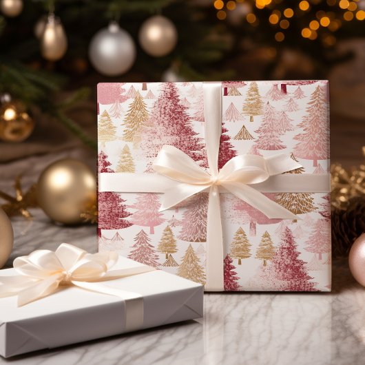 Roze Wit en Gouden Borstel Kerstboom Patroon Inpakpapier Vel