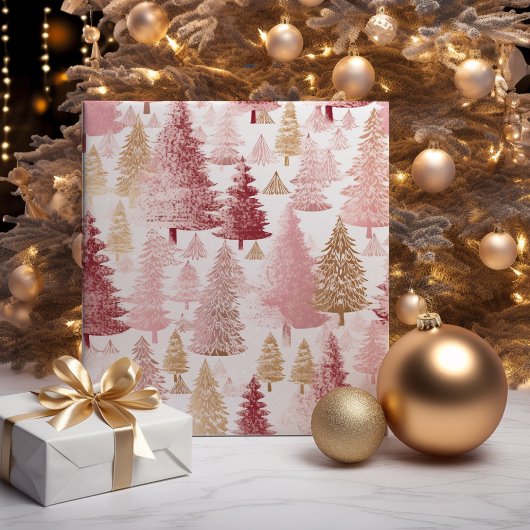 Roze Wit en Gouden Borstel Kerstboom Patroon Inpakpapier Vel