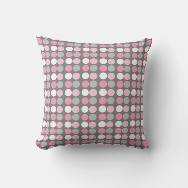 Roze Wit en Grijs Polka Dot Kussen (Voorkant)