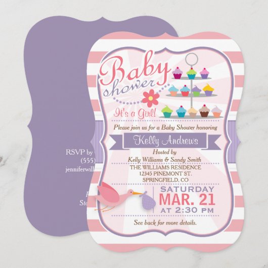 Roze, wit en lavendel Paarse ooievaar Baby shower Kaart (Voorkant / Achterkant)