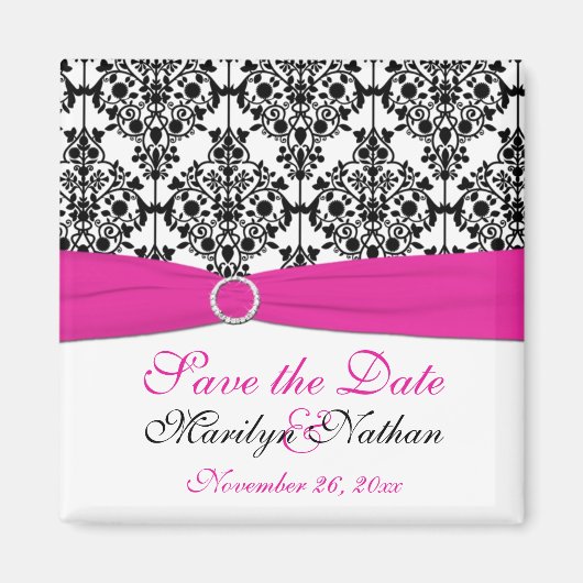 Roze, Wit, en Zwart Damast Bruiloft Favor Magnet (Voorkant)