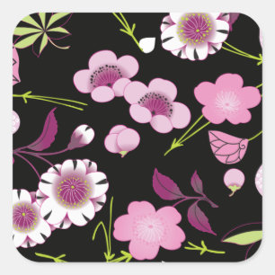 Roze Wit Fijn Japans Bloemen Kimono Patroon Vierkante Sticker