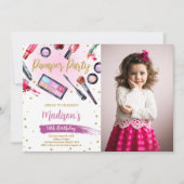 Roze Wit Foto Pamper Party Verjaardagsuitnodiginge Kaart (Voorkant)