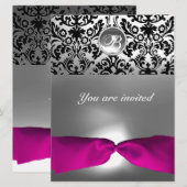 ROZE WIT FUCHSIA DAMAST EDELE STEEN MONOGRAM KAART (Voorkant / Achterkant)