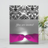 ROZE WIT FUCHSIA DAMAST EDELSTEEN MONOGRAM KAART (Staand voorkant)