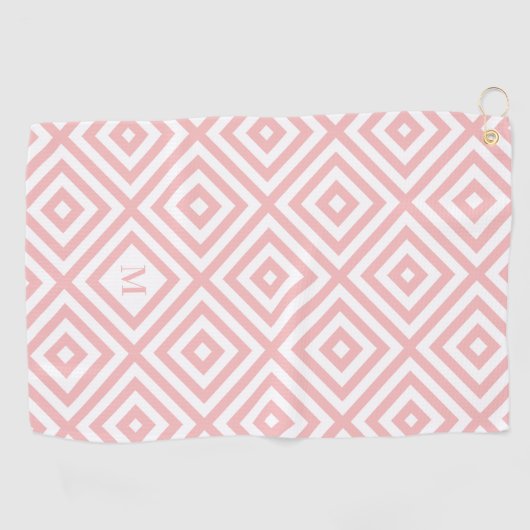 Roze Wit Geometrisch Patroon Monogram Golfhanddoek (Horizontaal)