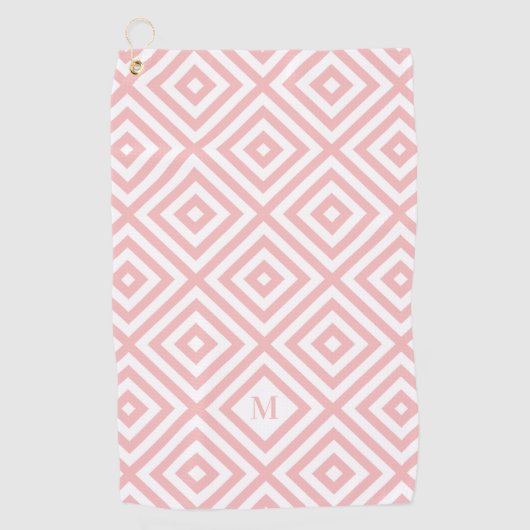 Roze Wit Geometrisch Patroon Monogram Golfhanddoek (Voorkant)