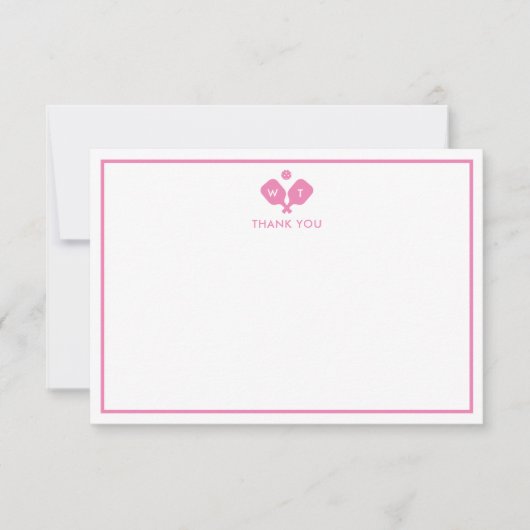Roze Wit Gepersonaliseerd Monogram Pickleball Bedankkaart (Voorkant)