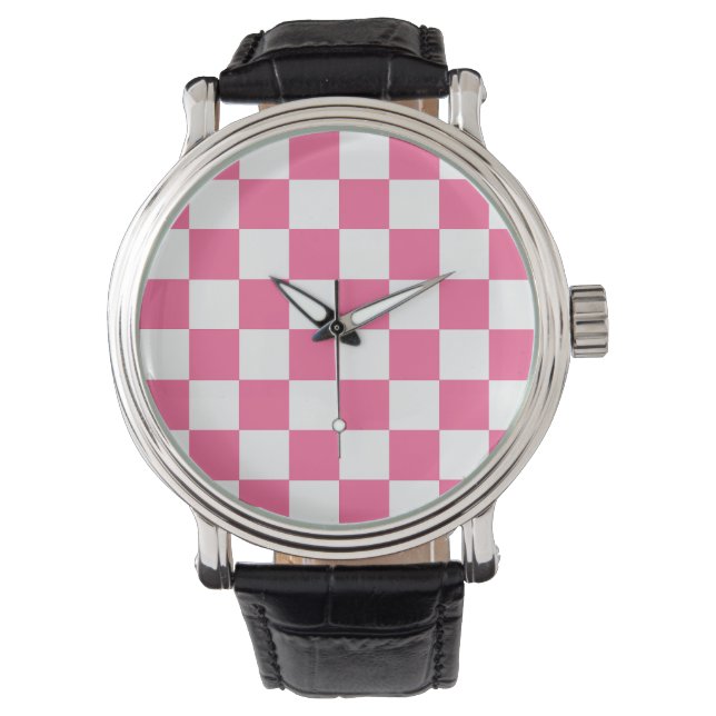 Roze wit geruit controlepatroon horloge (Voorkant)