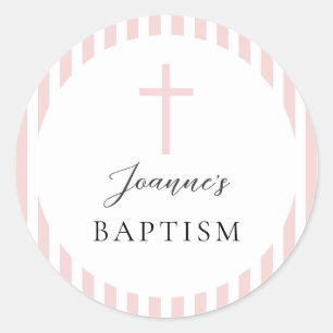 Roze Wit Gestreept Meisje Doop Ronde Sticker
