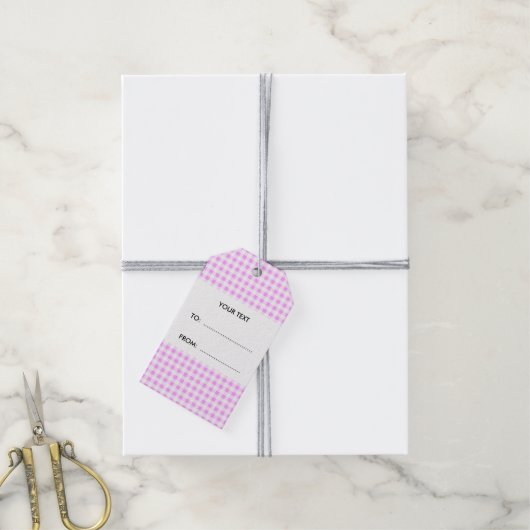 Roze Wit Gingham patroon, uw monogram Cadeaulabel (Met Touw)