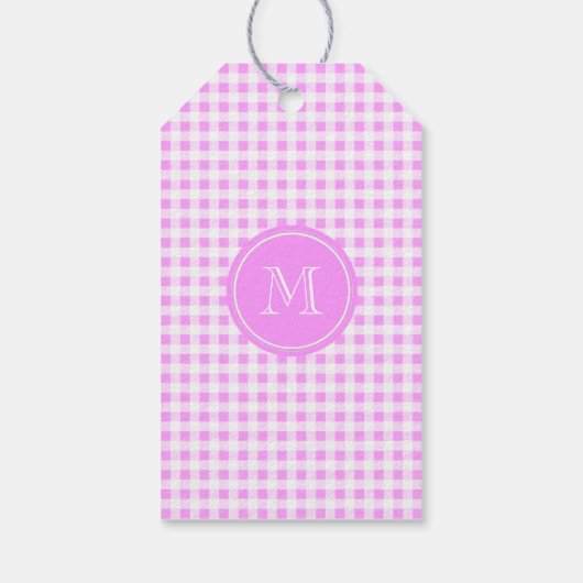 Roze Wit Gingham patroon, uw monogram Cadeaulabel (Achterkant)