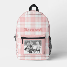 Roze Wit Gingham Plaid Patroon Naam en foto Bedrukte Rugzak
