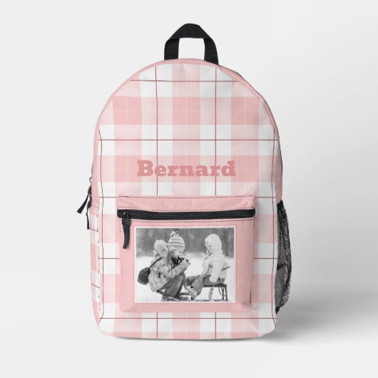 Roze Wit Gingham Plaid Patroon Naam en foto Bedrukte Rugzak (Voorkant)
