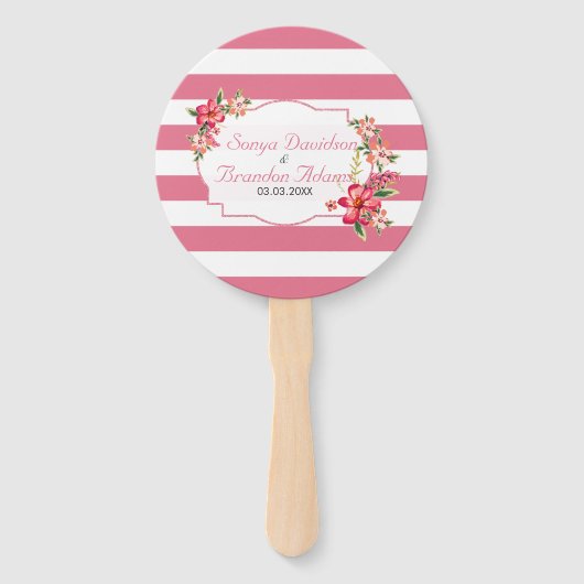 Roze wit glitter Lijst en strepen Handwaaier (Voorkant)