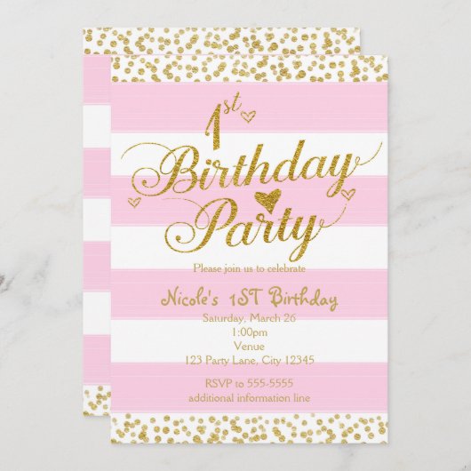 Roze Wit & Goud 1e VERJAARDAG UITNODIGINGEN (Voorkant / Achterkant)