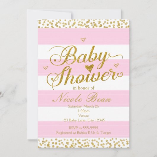 Roze Wit & Goud BABY SHOWER Meisje Uitnodigingen (Voorkant)
