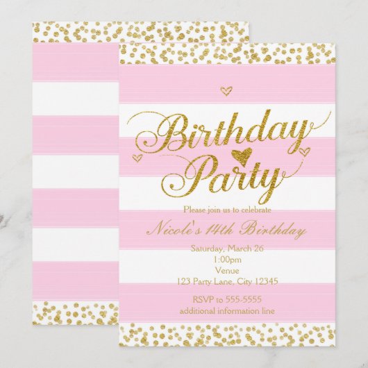 Roze Wit & Goud Hart VERJAARDAG UITNODIGINGEN (Voorkant / Achterkant)