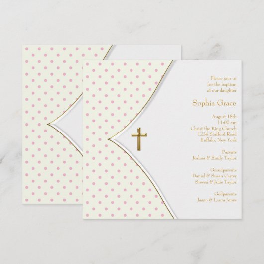 Roze Wit Goud Kruis Baby Meisje Doop Kaart (Voorkant / Achterkant)