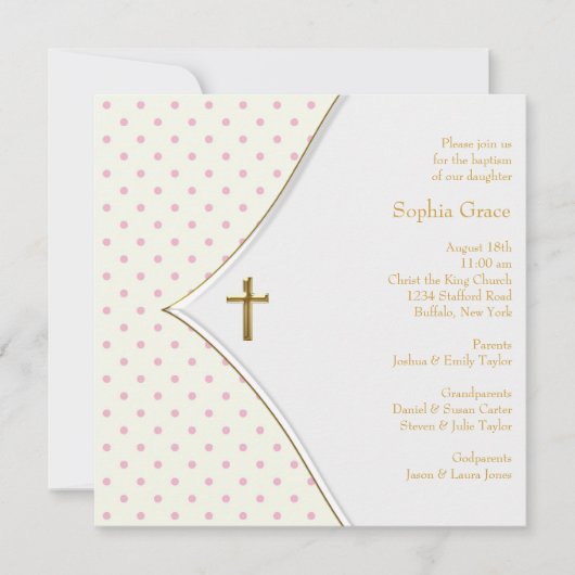 Roze Wit Goud Kruis Baby Meisje Doop Kaart (Voorkant)