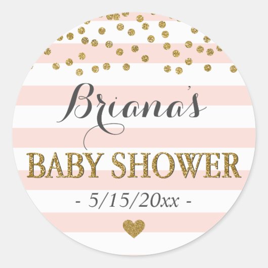 Roze Wit Goud Streep Confetti Baby Meisje Douche Ronde Sticker (Voorkant)