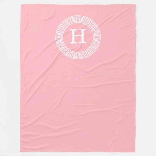 Roze Wit Grieks Sleutel RND Lijst Initiaal Monogra Fleece Deken (Voorkant)