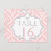Roze, wit, grijs damast trouwtafel nummer briefkaart (Voorkant / Achterkant)