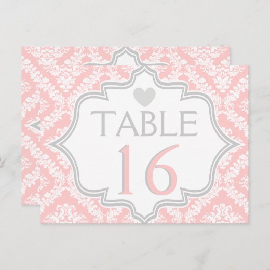 Roze, wit, grijs damast trouwtafel nummer briefkaart (Voorkant / Achterkant)