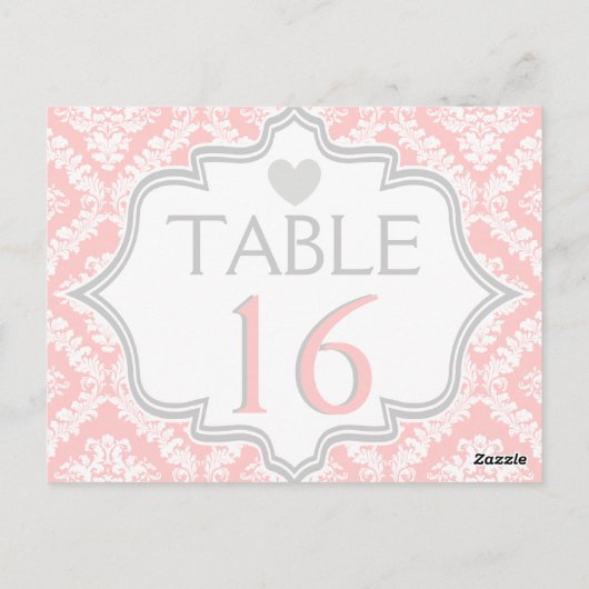 Roze, wit, grijs damast trouwtafel nummer briefkaart (Achterkant)