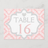 Roze, wit, grijs damast trouwtafel nummer briefkaart (Voorkant)