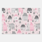 Roze Wit Grijs Kerst Huizen Inpakpapier Vel (Voorkant)