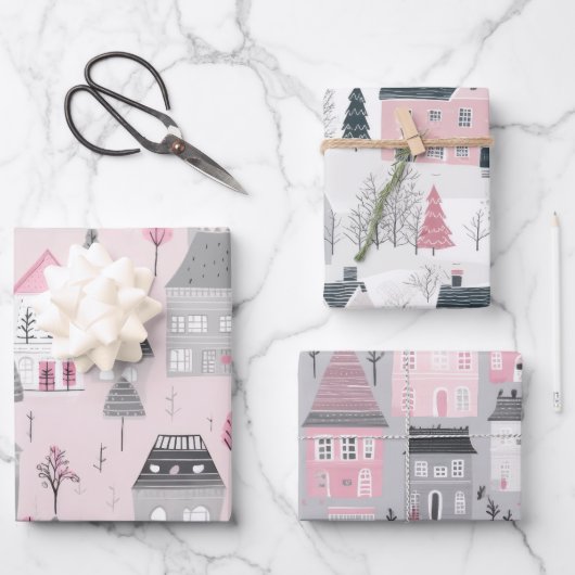 Roze Wit Grijs Kerst Huizen Inpakpapier Vel (Voorkant)