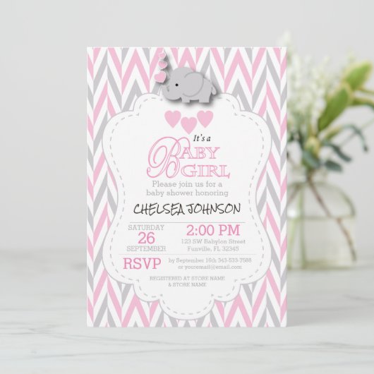 Roze, Wit Grijs Olifant Baby shower 2 Kaart (Staand voorkant)