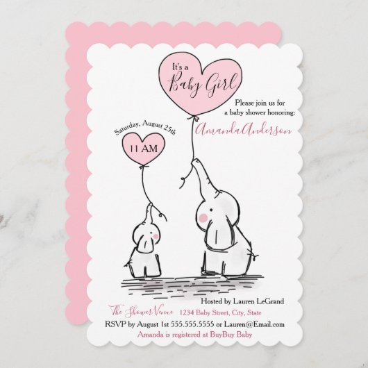 Roze, Wit Grijs Olifant Baby shower Invitation Kaart (Voorkant / Achterkant)