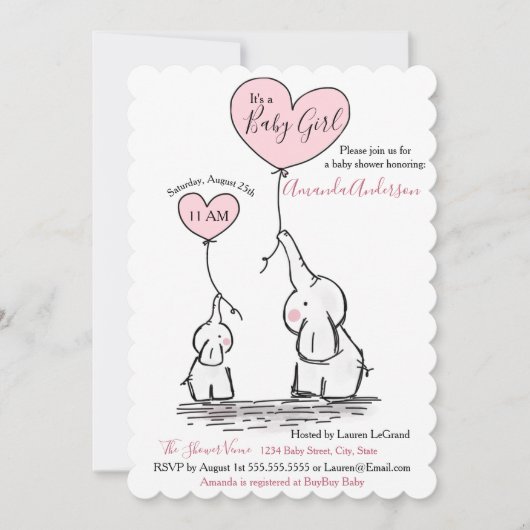 Roze, Wit Grijs Olifant Baby shower Invitation Kaart (Voorkant)