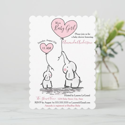 Roze, Wit Grijs Olifant Baby shower Invitation Kaart (Staand voorkant)