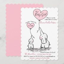 Roze, Wit Grijs Olifant Baby shower Invitation